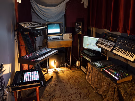 Keyboards, synthesisers and production equipment inside Sleepless Footscray